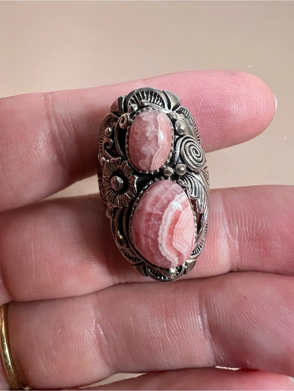 Sterling Silver Pink Rhodochrosite Statement BBJ Ring